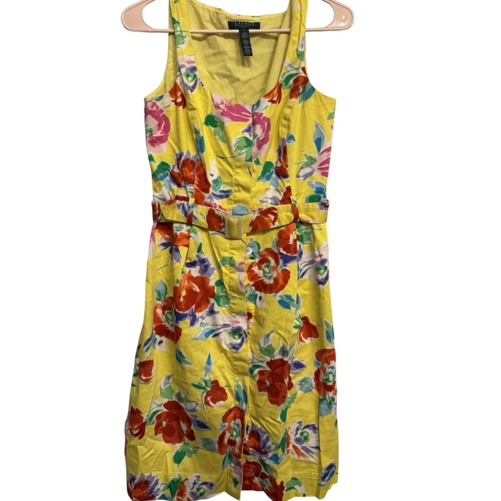 Lauren Ralph Lauren yellow Belted floral Sleeveless Short Dress Size 2